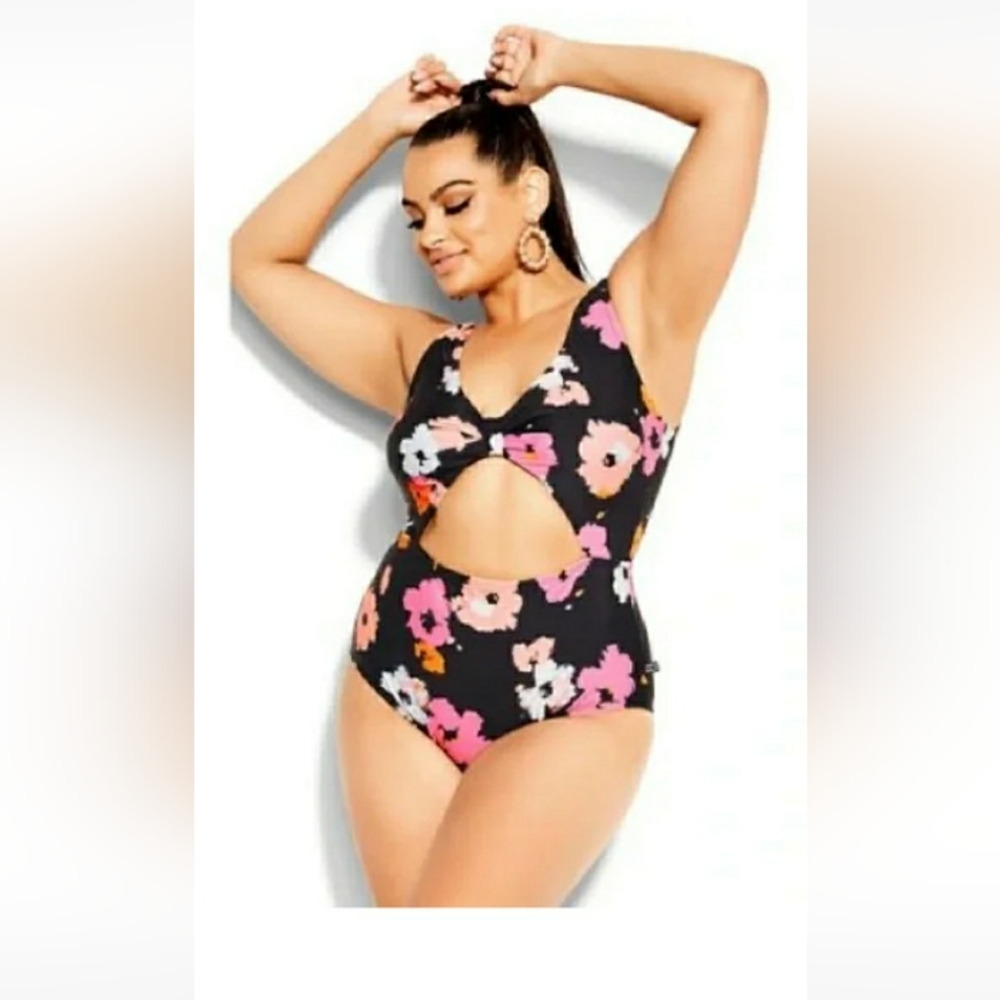 Floral Cutout One Piece Swimsuit - Black, Pink, White